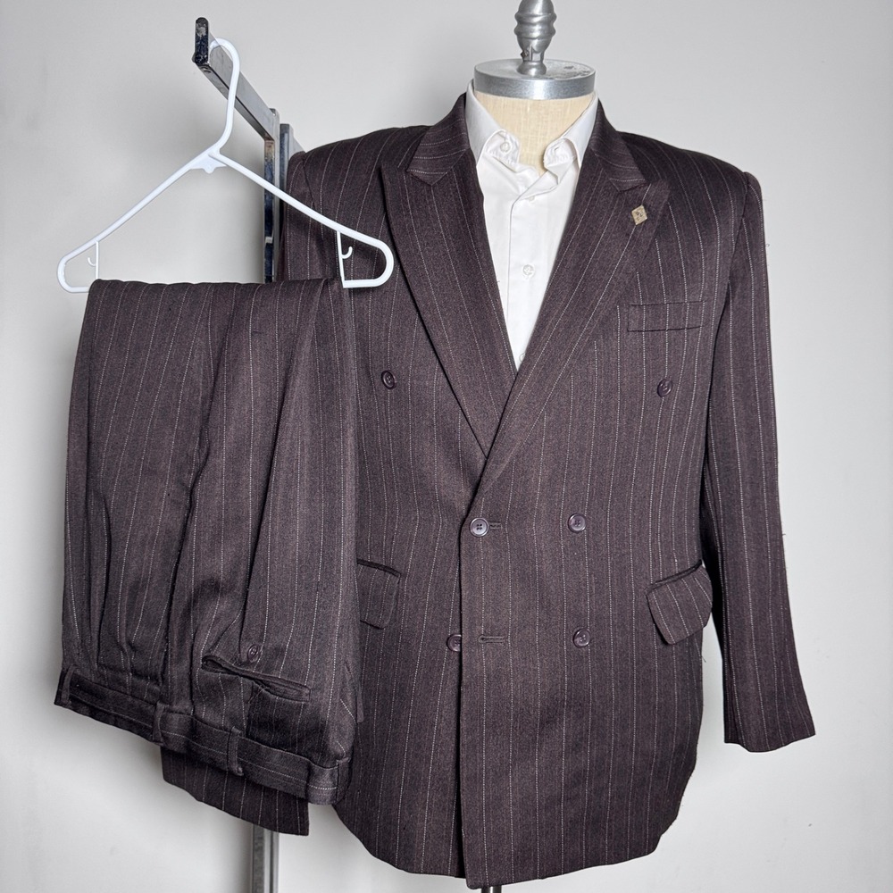 Vtg Gianni Vironi Suit Mens 48R 42W Brown Pinstripe Double Breasted Peak Lapel